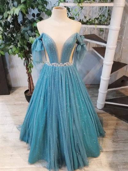 Green round neck tulle sequin long prom dress, green evening dress nv832