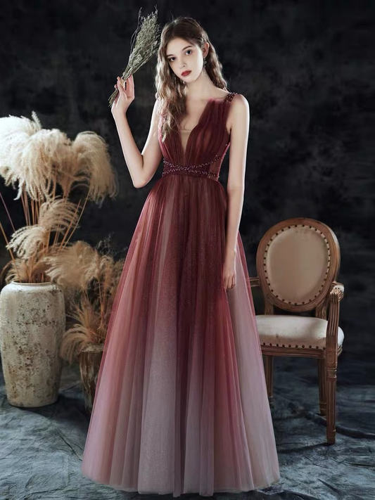 Ärmelloses Brautballkleid, neu, Sommer, rotes Ballkleid mit Farbverlauf, Partykleid mit V-Ausschnitt, nv618