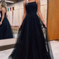 Black A-Line Tulle Long Prom Dress with Lace nv658