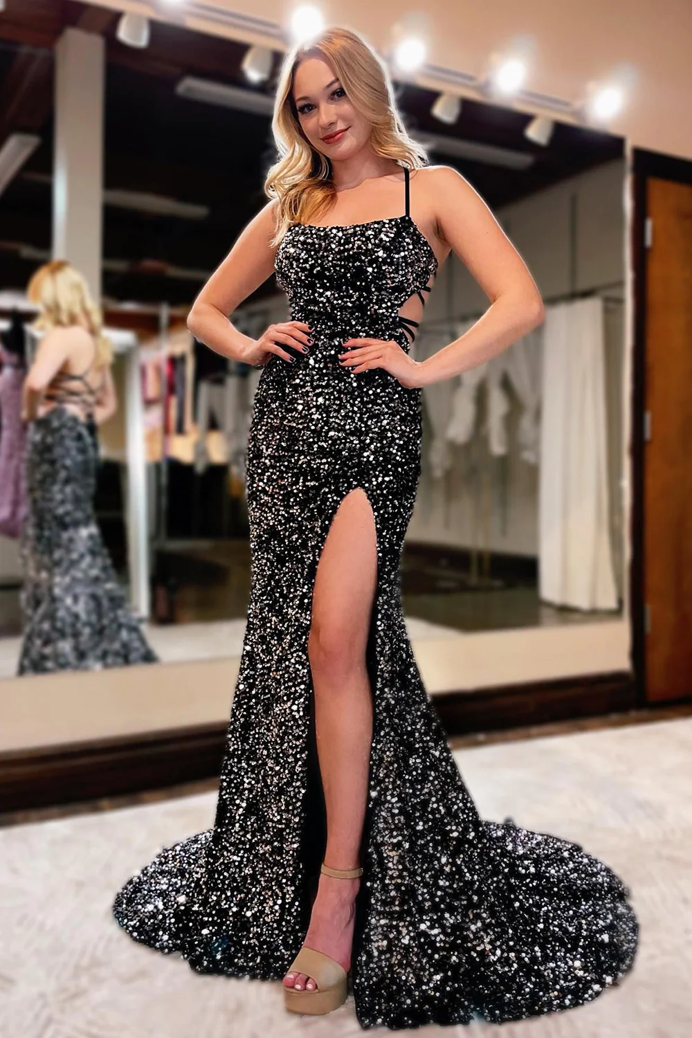 Sequins Lace-up Back Black Mermaid Prom Dress with Slit nv651