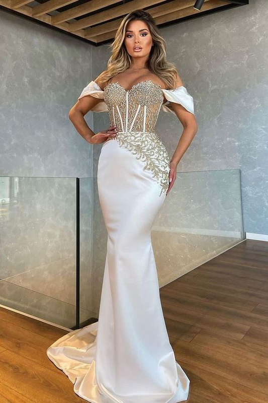 Robe de soirée longue en dentelle blanche, magnifique, exquise, à épaules dénudées, style sirène, robe de bal, robe de soirée nv851