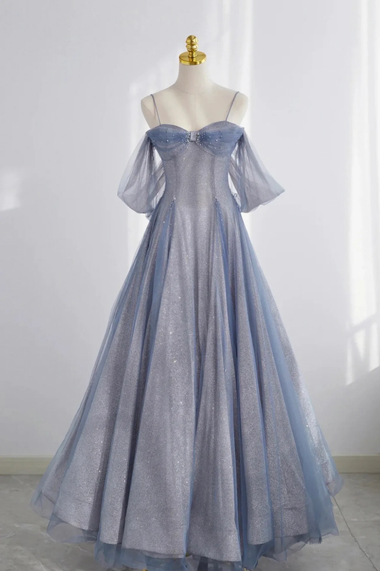 Robe de bal longue en tulle à bretelles spaghetti bleues, robe de soirée trapèze nv595