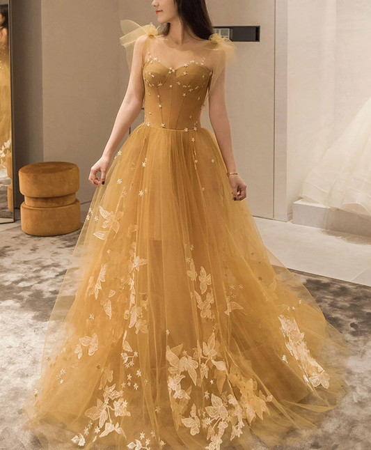 Champagne Tulle Lace Long Prom Dress, Tulle Lace Evening Dress nv859