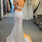 Plunging Neck Halter White Long Prom Dress with Cutout Waist nv574