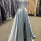 Light Blue Lace Lace-Up Back A-Line Prom Dress with Slit nv830