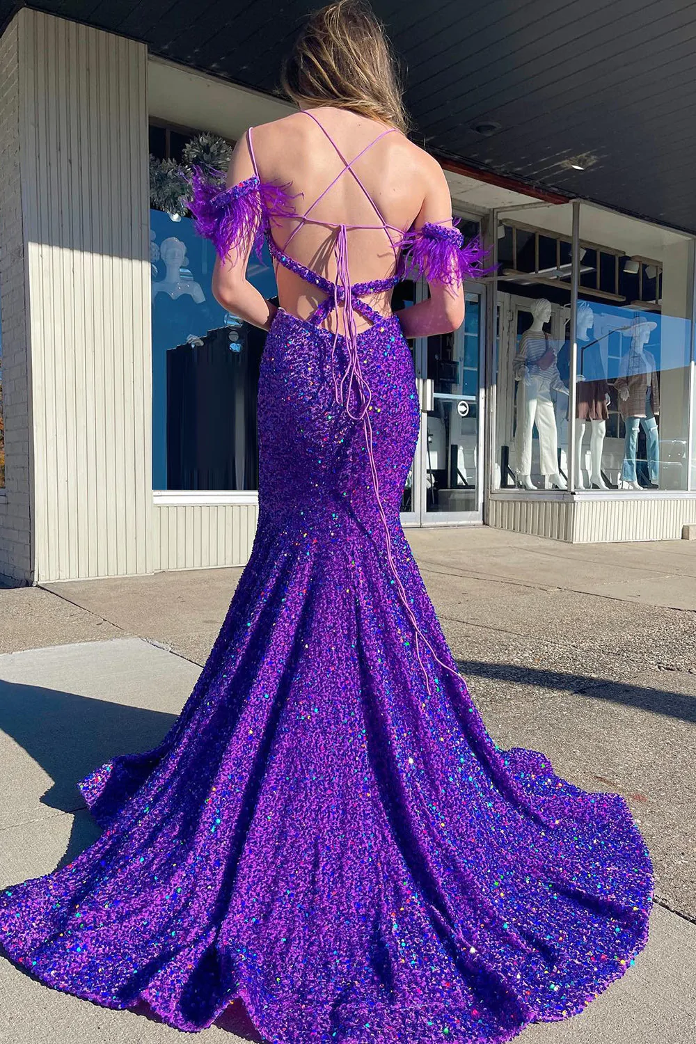 Mermaid Off the Shoulder Purple Sequins Cut Out Prom Dress with Feathers nv677