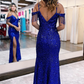 Royal Blue Off the Shoulder Sequins Sheath Prom Dress with Fringes nv652