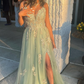 Green V-neck Lace Long Prom Dress, A-Line Evening Dress with Slit nv713
