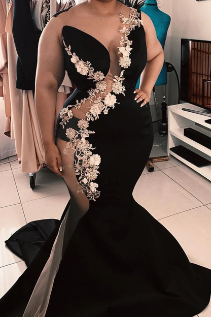 SLEEVELESS JEWEL SHEER APPLIQUES CHIC MERMAID PROM DRESSES LUXURIOUS ELEGANT BLACK EVENING GOWNS WITH CHAPEL TRAIN nv735