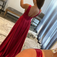 Burgundy V Neck Backless Long Prom Dress with Lace nv672