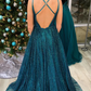 Glitter A-Line Teal Long Prom Dress with Spaghetti Straps nv704