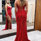 Red Spaghetti Straps Appliques Prom Dress with Slit nv633
