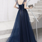 Dark blue sweetheart tulle long prom dress blue tulle formal dress nv615