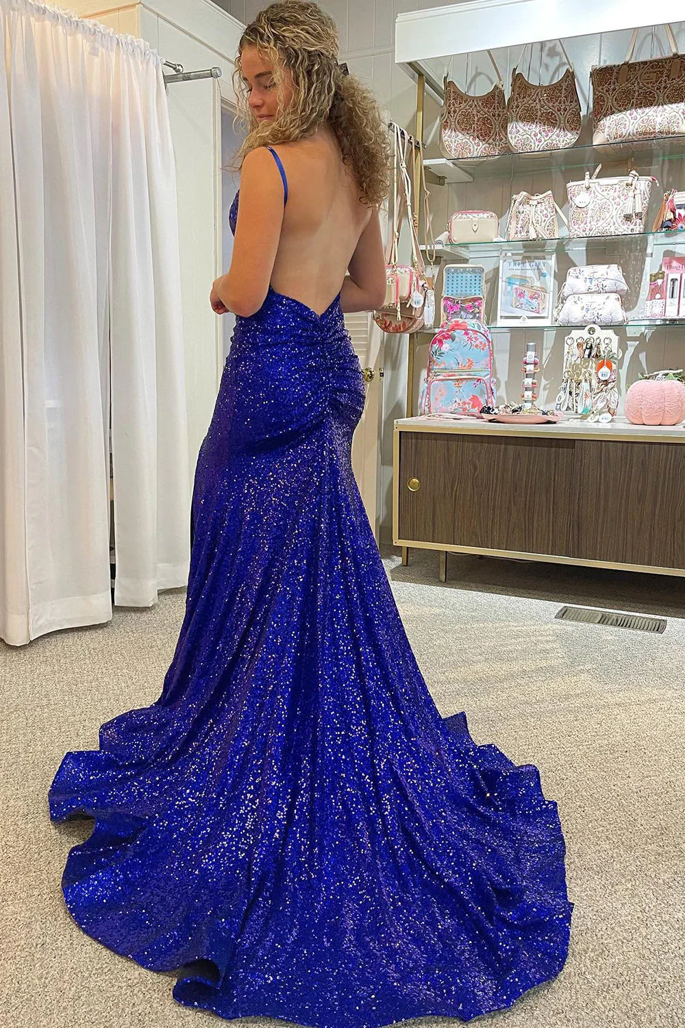 Mermaid Spaghetti Straps Royal Blue Sequins Long Prom Dress with Split Front nv678