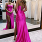 Hot Pink Spaghetti Straps Satin Mermaid Prom Dress with Slit  nv634