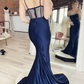 Mermaid Spaghetti Straps Navy Long Prom Dress with Sweep Train nv675