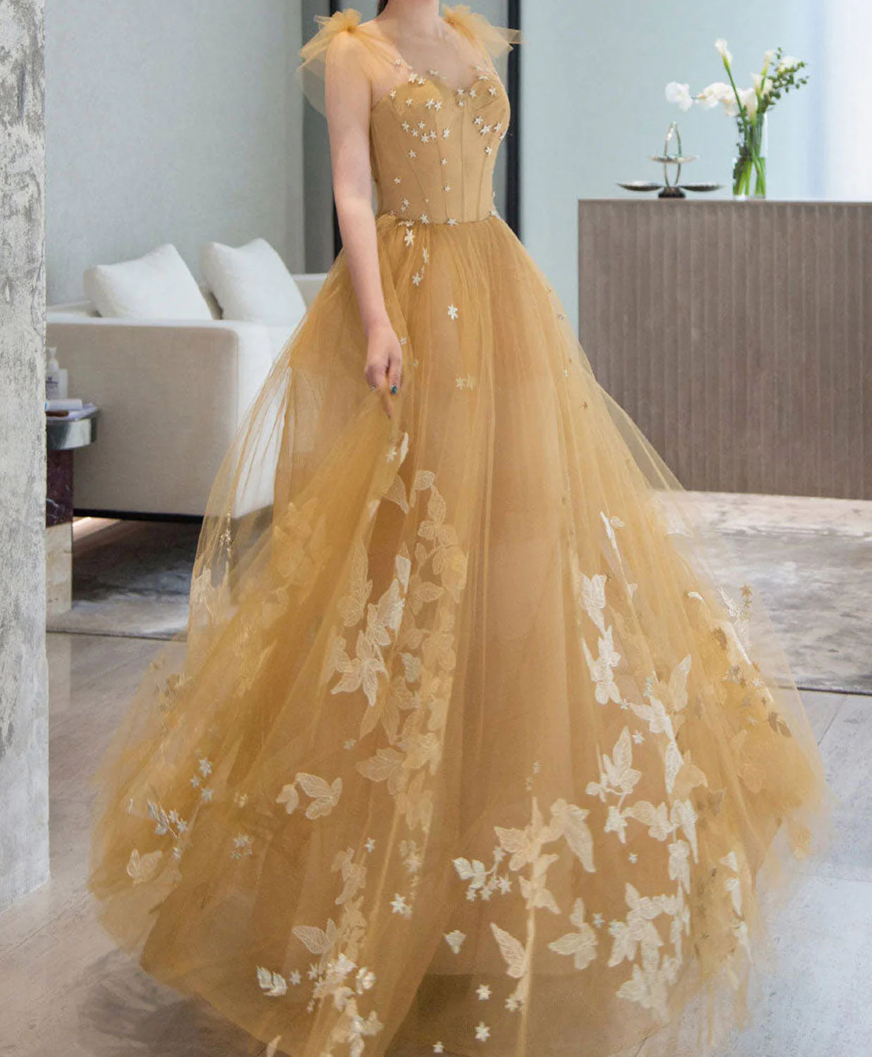 Champagne Tulle Lace Long Prom Dress, Tulle Lace Evening Dress nv859