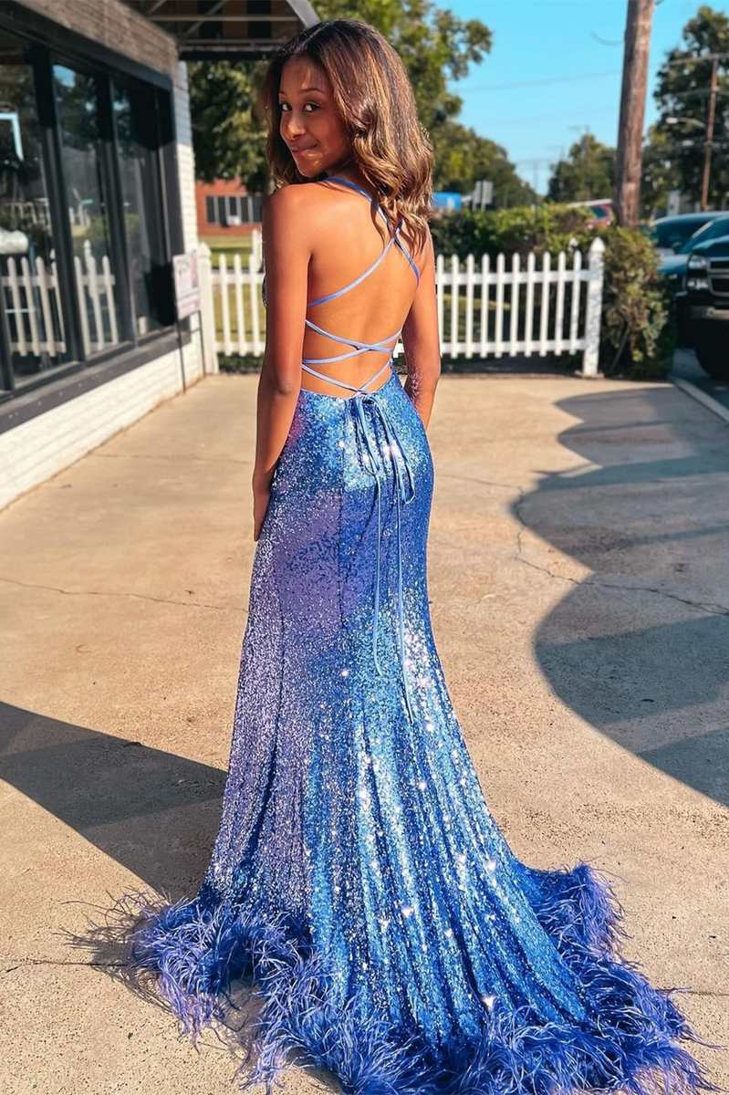 Blue Sequin Feather Lace-Up Back Mermaid Long Prom Dress with Slit nv578