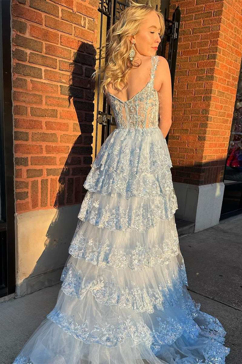 Light Blue Lace Sweetheart Tiered Long Prom Dress with Slit nv857