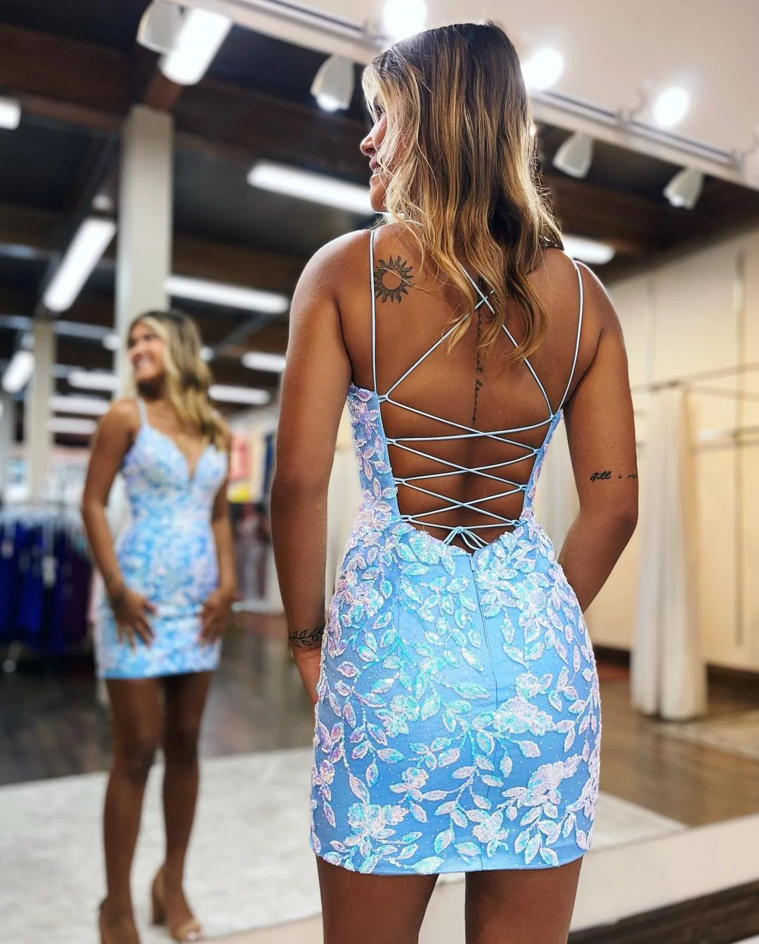 Cute Bodycon V Neck Light Blue Lace Sequins Homecoming Dressesnv718