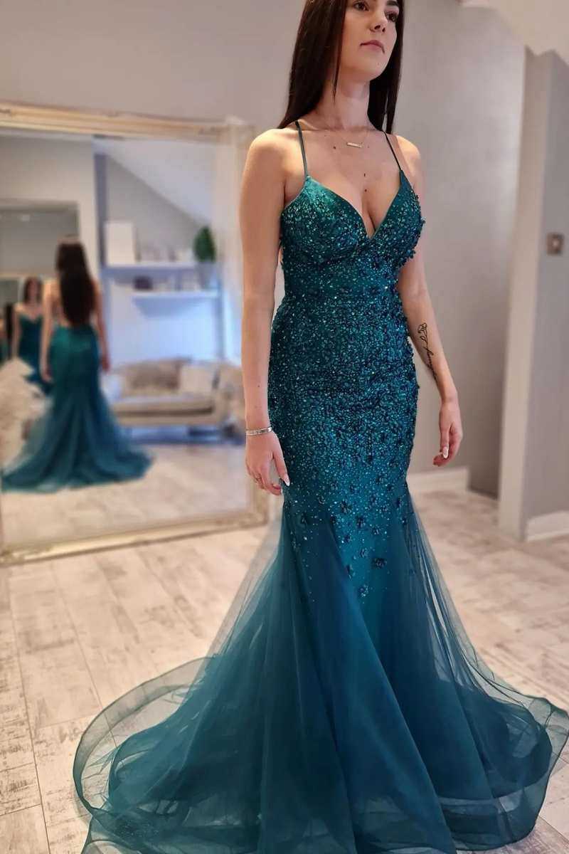Hunter Green Floral Lace Lace-Up Back Mermaid Long Prom Gown nv856