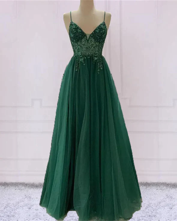 Emerald Green Tulle Prom Dress Beaded V Neck nv764