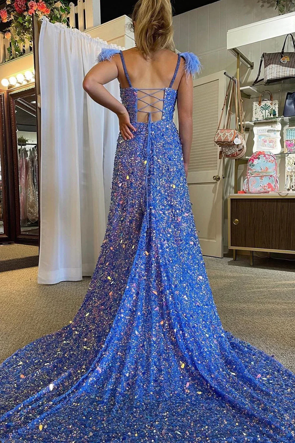 A Line Spaghetti Straps Blue Sequins Long Prom Dress with Feathers nv676