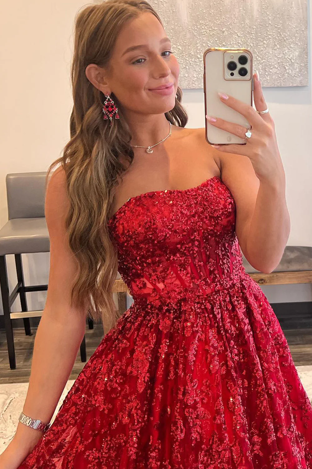 Sparkly Red Long Prom Dress with Pockets nv638