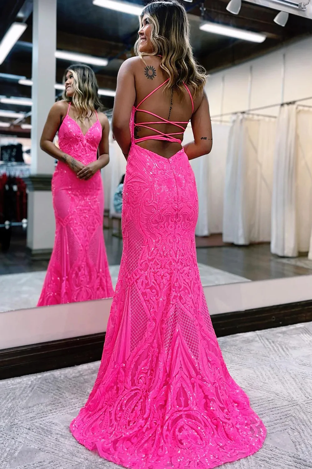 Sparkly Mermaid Backless Hot Pink Sequins Long Prom Dress nv747