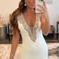 White Deep V-Neck Backless Prom Dress with Beading nv683