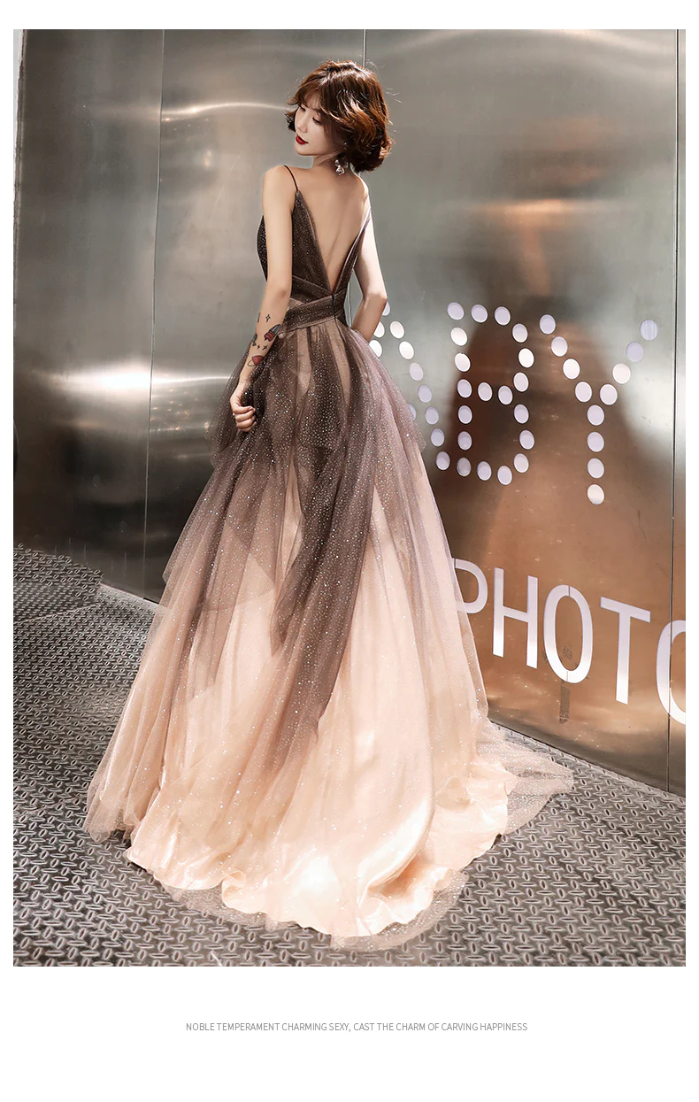 Champagne sweetheart tulle sequin long prom dress formal dress nv619
