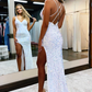 Sparkly Mermaid V Neck White Sequins Long Prom Dresses with Slit  nv742