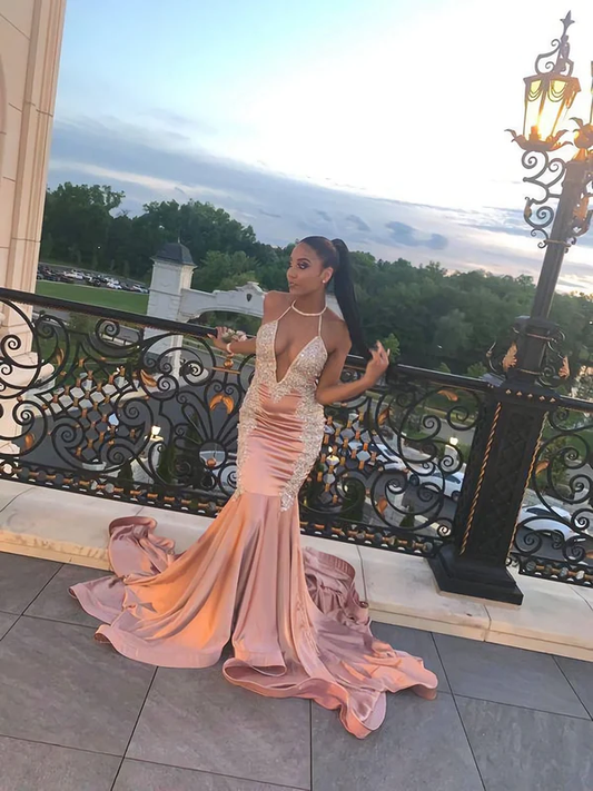 A Line V Neck Mermiad Long Prom Dress, With Train Appliques Prom Dress nv873