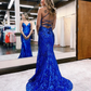 Charming Mermaid V Neck Royal Blue Sequins Long Prom Dresses nv740