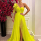A Line Royal Blue Tulle Long Evening Dresses,Leg Slit Yellow Prom Gowns nv624