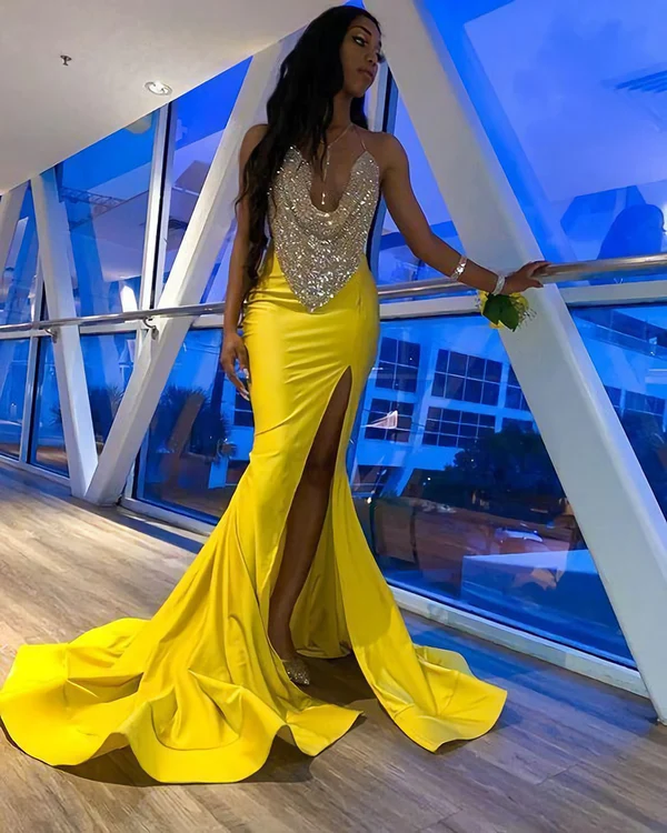 Evening Dresses, Long Mermaid Sparkly Modest Yellow Cheap Evening Prom Gown nv874