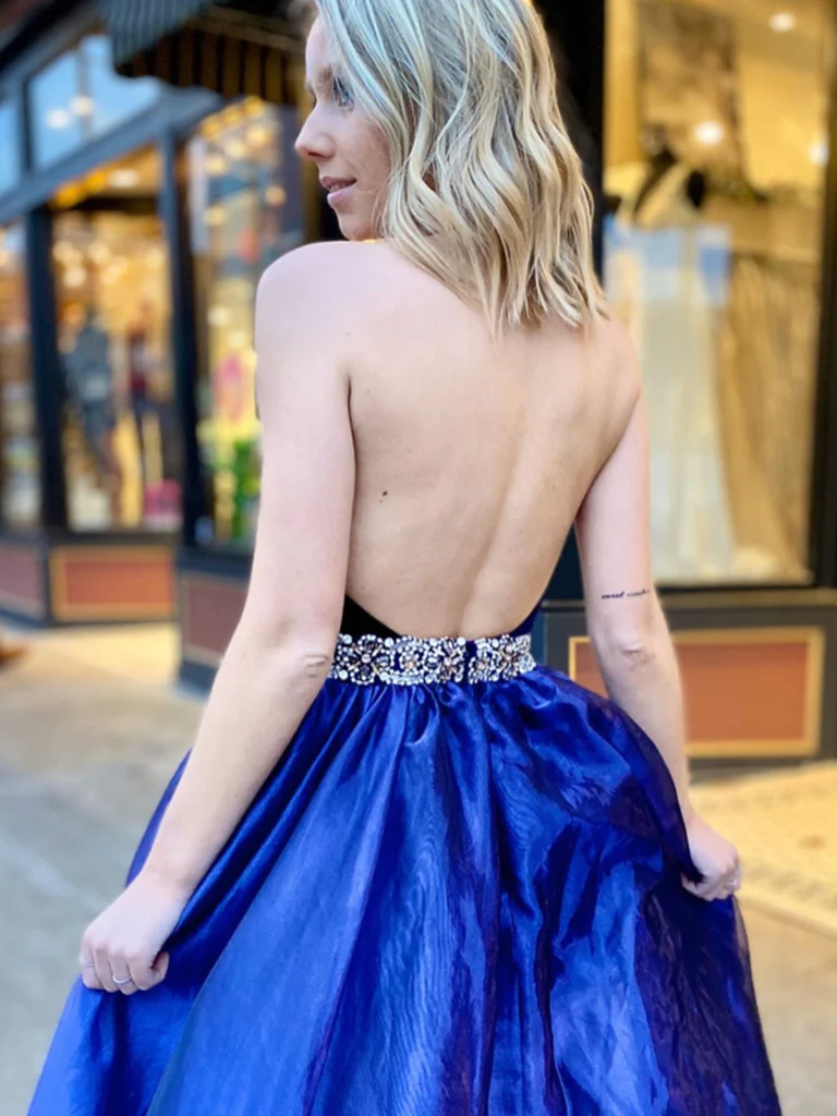 V Neck Backless Blue Prom Dresses, Open Back Blue V Neck Formal Evening Dresses nv707
