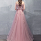 Pink A-line Tulle Lace Long Prom Dress Pink Lace Evening Dress nv861