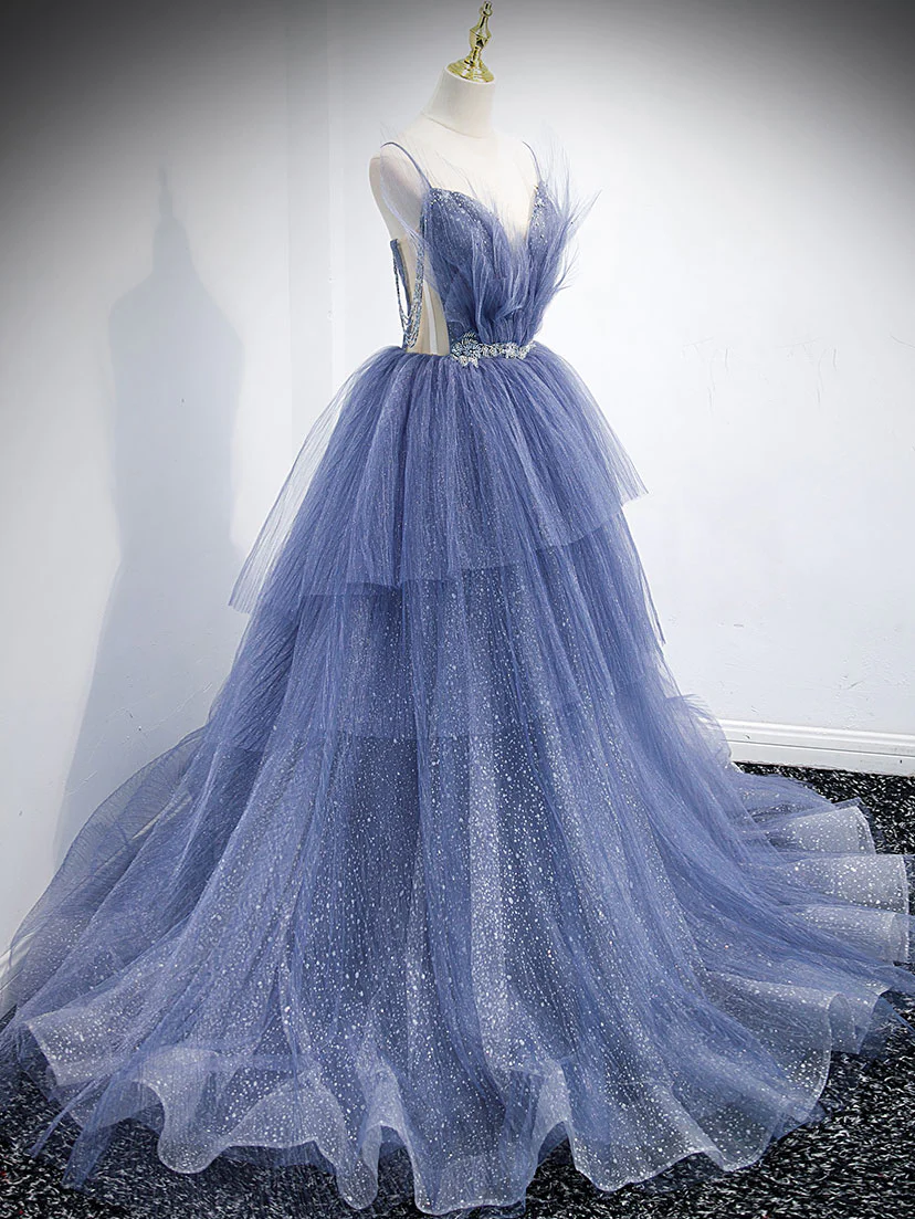 V Neck Tulle Sequin Long Prom Dress, Blue Tulle Formal Dress nv865