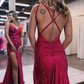 Sparkly Dark Red One Shoulder Sheath Long Prom Dress with Slitnv663
