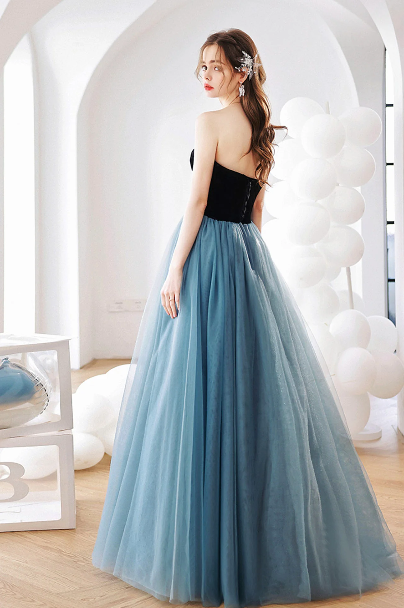 Blue Tulle Long A-Line Prom Dress, Lovely Strapless Evening Dress nv882