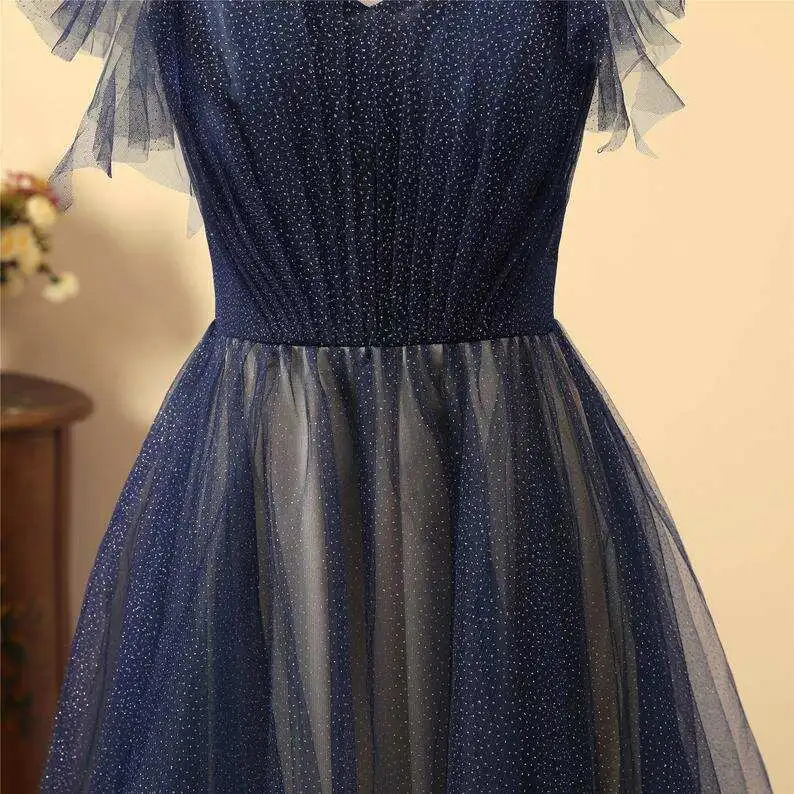 Navy Blue Sparkling Tulle A-Line Prom Dress nv612