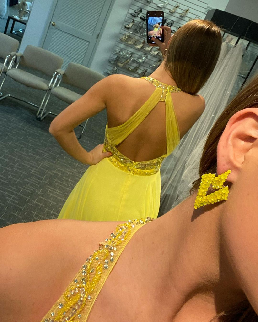 Cute A Line V Neck Straps Yellow Chiffon Prom Dresses with Beading, Split Party Dresses nv783