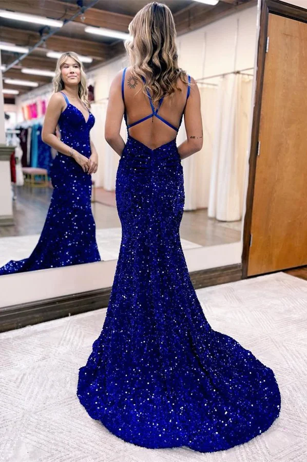 V-Neck Sleeveless Prom Dress Mermaid Sequins Long nv789