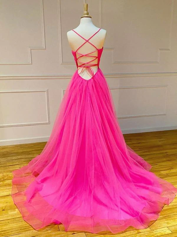 A Line V Neck Hot Pink Long Prom Dresses, V Neck Hot Pink Long Formal Evening Dresse nv778