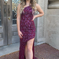 Sparkly Dark Purple Sequins Long Prom Dress with Slit nv716