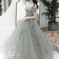 Grey Off Shoulder A-Line Tulle With Lace Long Party Dress, Grey Evening Dresses Prom Dress nv593