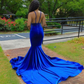 Royal Blue Deep V Neck Mermaid Lace Applique Backless Long Prom Dress nv771