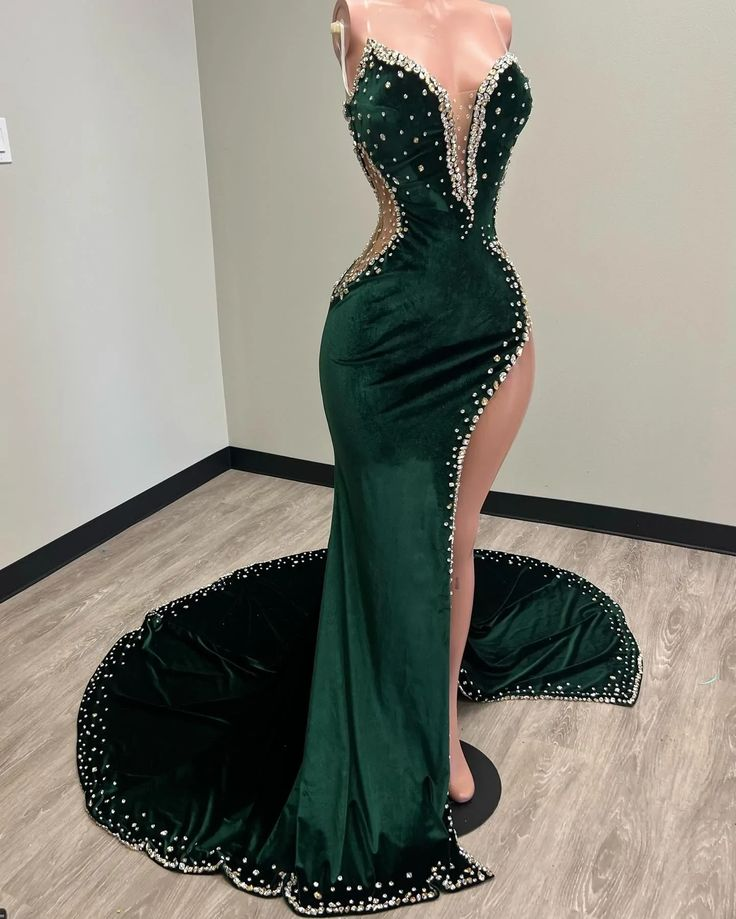 Black Girl Prom Dresses Long Mermaid Green Prom Gown With Train nv767