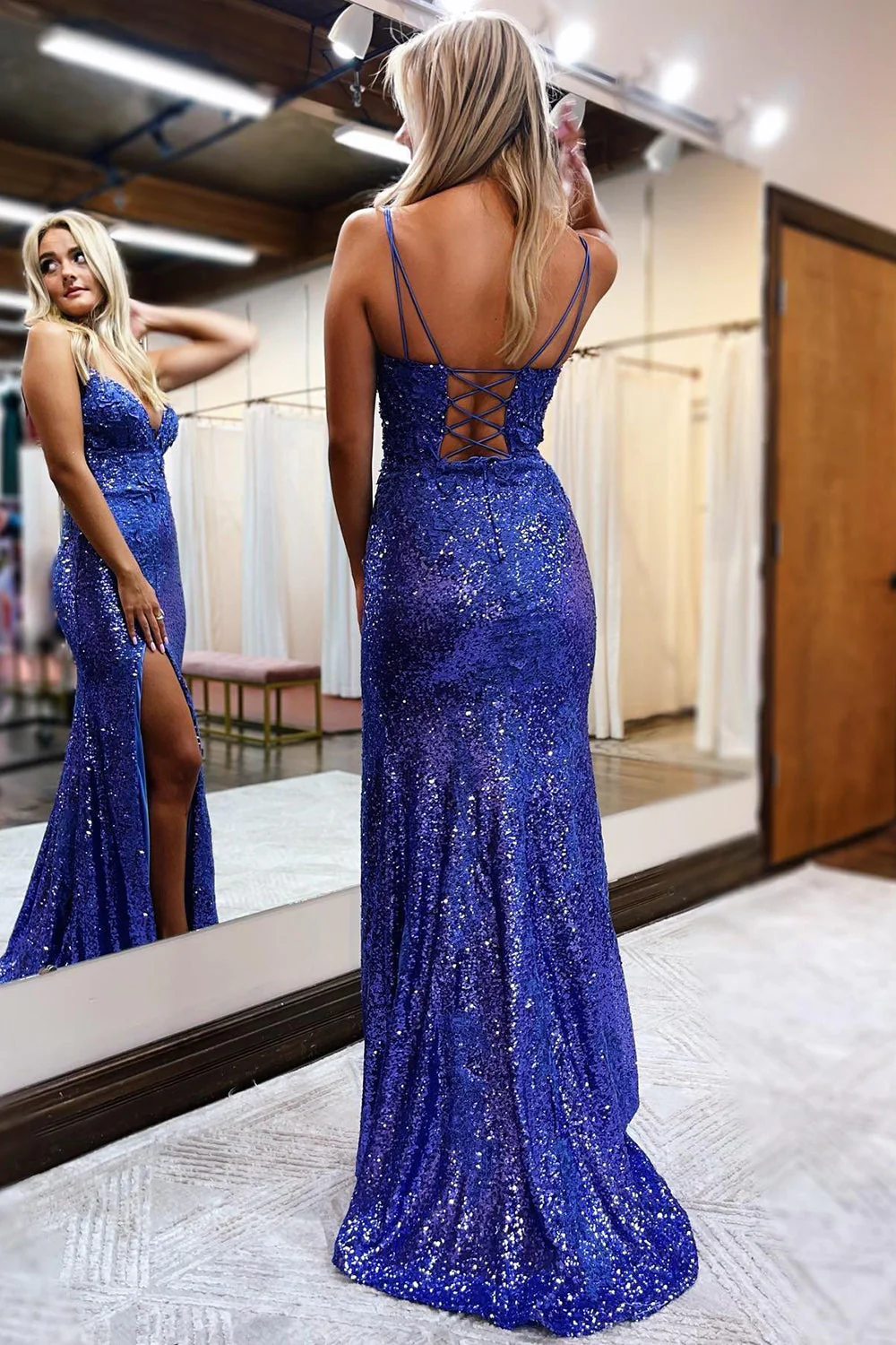 Sheath Spaghetti Straps Sequins Long Prom Dress with Silt nv756